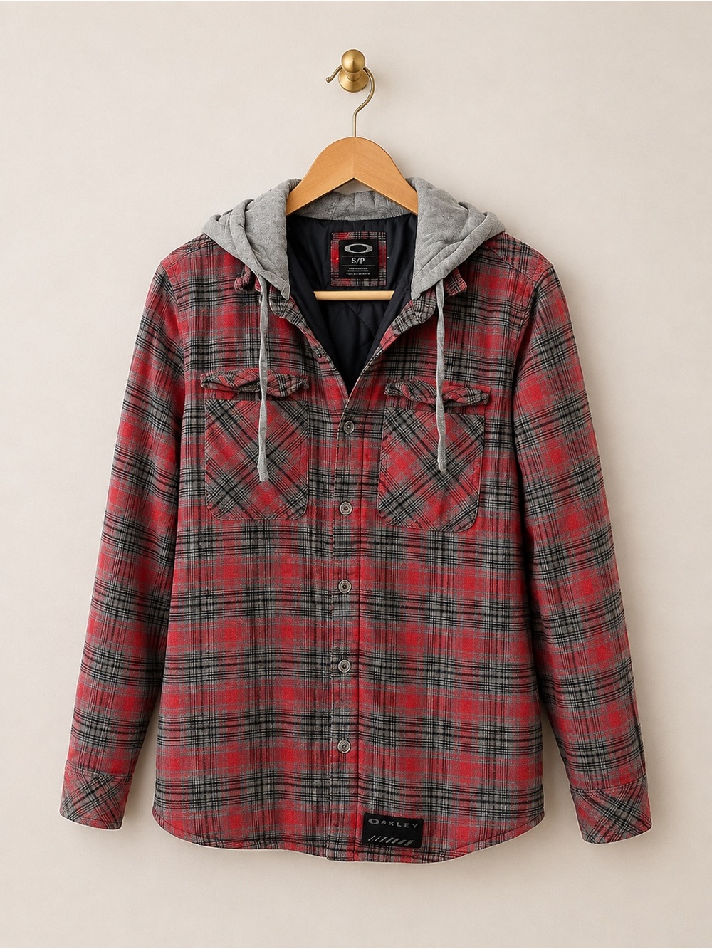 Oakley Hooded Plaid Insulated Flannel Jacket Shirt Red Gray Men’s Small